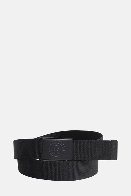 Ceinture noire d'ELEMENT, avec logo de marque sur la boucle et nom de marque sur la boucle de ceinture.
