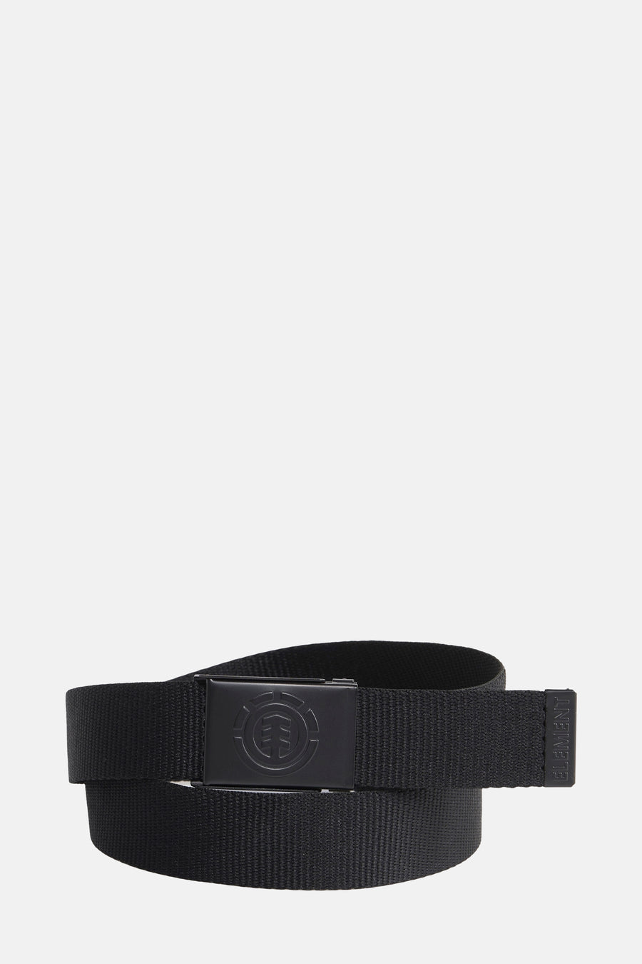 Ceinture noire d'ELEMENT, avec logo de marque sur la boucle et nom de marque sur la boucle de ceinture.