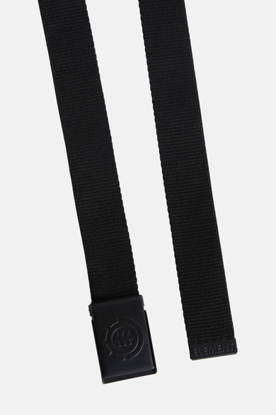 Ceinture noire ELEMENT, avec une boucle métallique portant le logo de la marque et le mot 'ELEMENT' à l'extrémité.