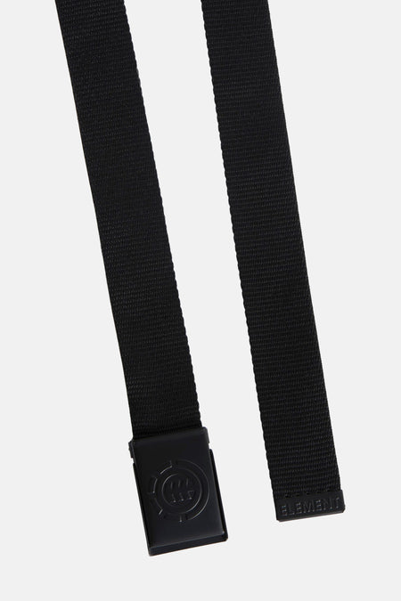 Ceinture noire ELEMENT, avec une boucle métallique portant le logo de la marque et le mot 'ELEMENT' à l'extrémité.
