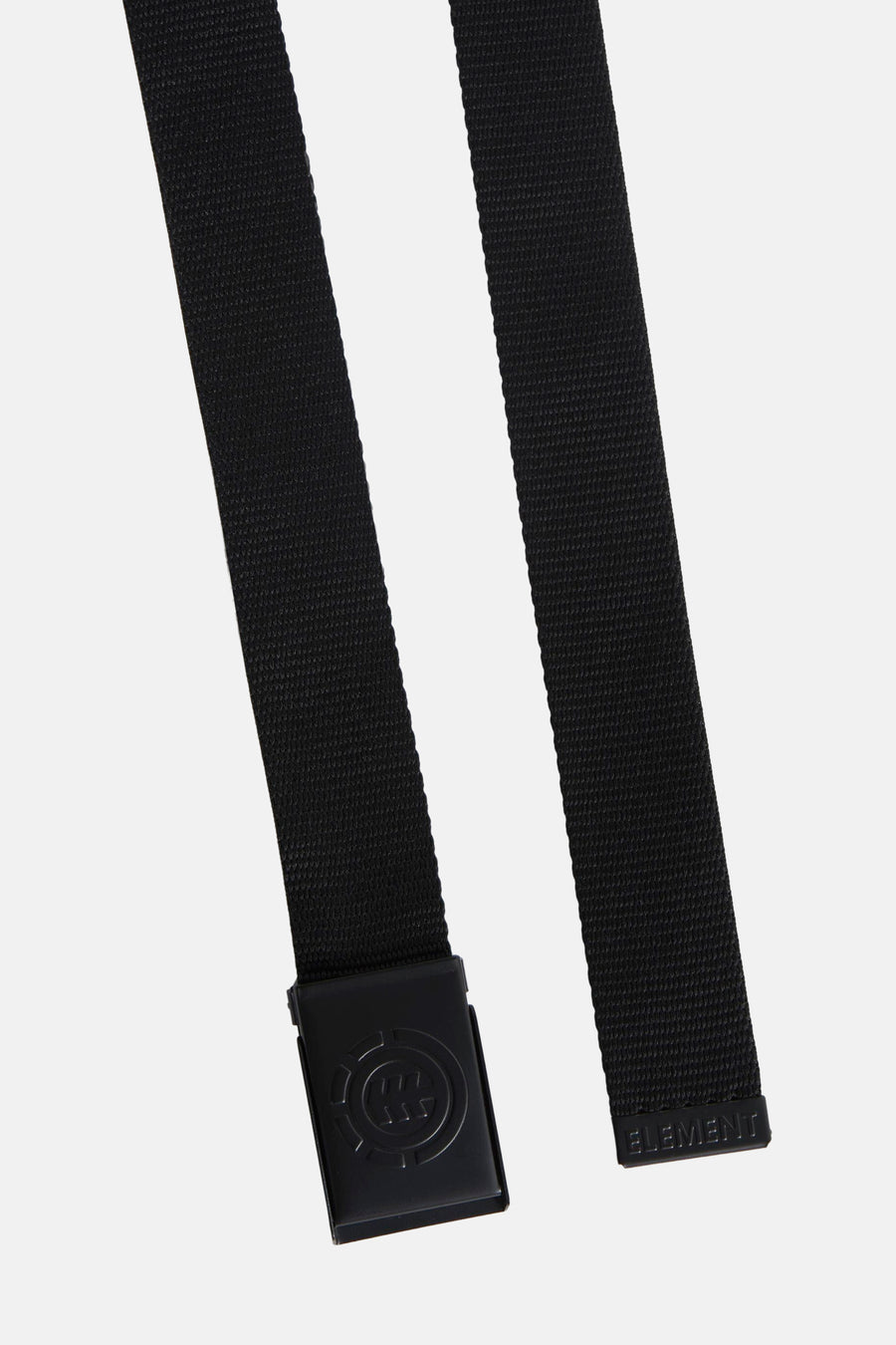 Ceinture noire ELEMENT, avec une boucle métallique portant le logo de la marque et le mot 'ELEMENT' à l'extrémité.