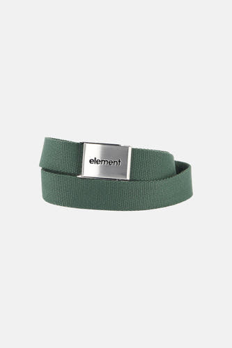 Ceinture verte d'ELEMENT, avec boucle argentée portant le nom de la marque, sur fond blanc.