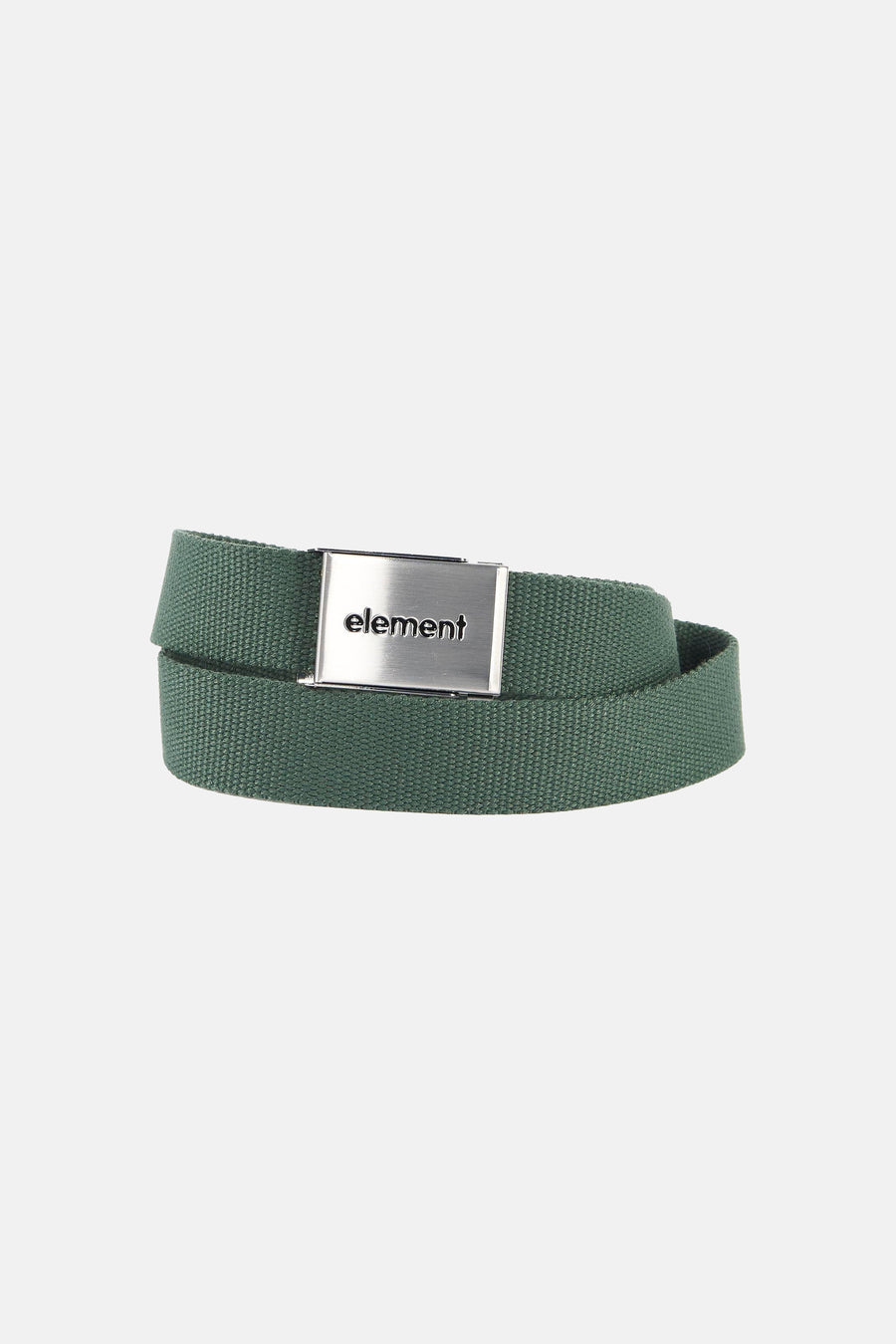 Ceinture verte d'ELEMENT, avec boucle argentée portant le nom de la marque, sur fond blanc.