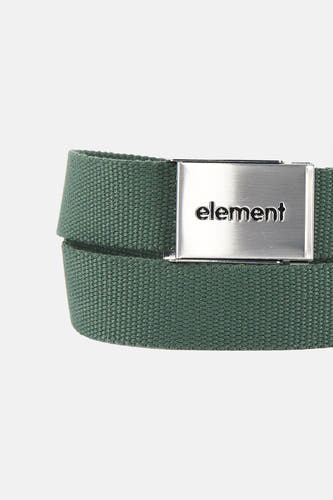 Ceinture verte d'ELEMENT, avec boucle argentée portant la marque, sur fond blanc.