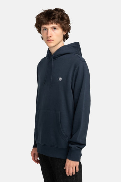 Pull-over bleu avec capuche d'ELEMENT, doté d'un logo sur la poitrine et d'une poche kangourou.