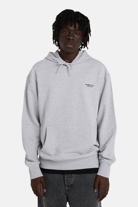 Pull-over gris avec capuche d'ELEMENT, vu de dos avec des dreadlocks et un pantalon foncé.