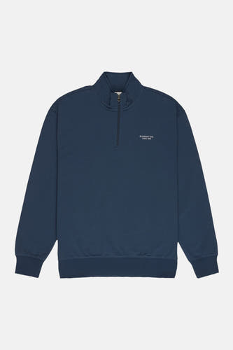 Gilet bleu d'ELEMENT CO. avec une fermeture à glissière courte devant et un logo sur la poitrine.