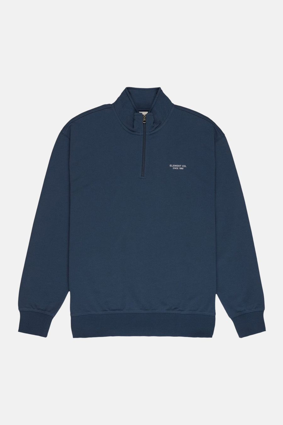 Gilet bleu d'ELEMENT CO. avec une fermeture à glissière courte devant et un logo sur la poitrine.
