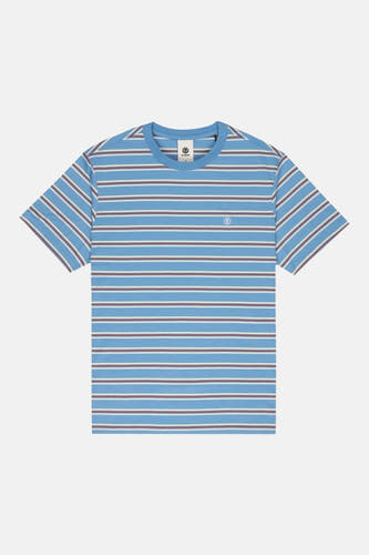 T-shirt bleu à manches courtes d'ELEMENT, avec des rayures blanches et bordeaux horizontales.