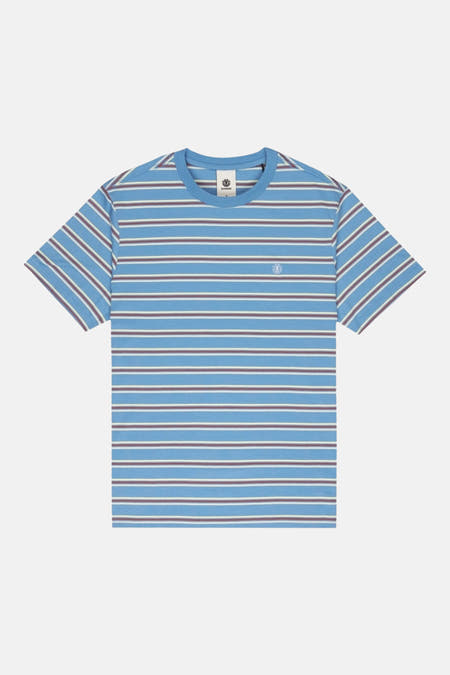 T-shirt bleu à manches courtes d'ELEMENT, avec des rayures blanches et bordeaux horizontales.