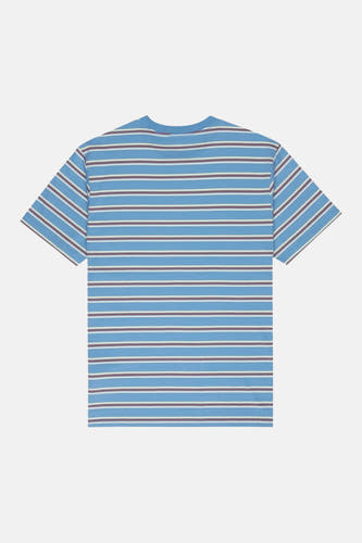 T-shirt bleu à manches courtes d'ELEMENT, avec une impression horizontale rayée en bleu, blanc et gris.