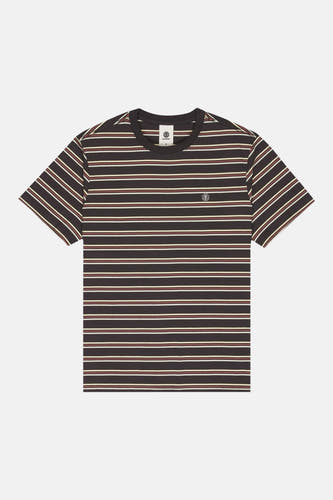 T-shirt à manches courtes multicolore d'ELEMENT, avec des rayures horizontales brunes, rouges et blanches.