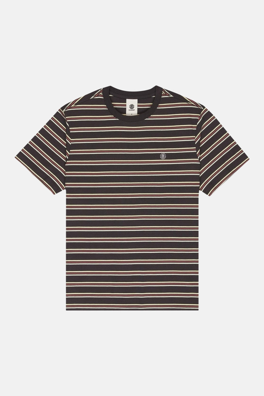 T-shirt à manches courtes multicolore d'ELEMENT, avec des rayures horizontales brunes, rouges et blanches.