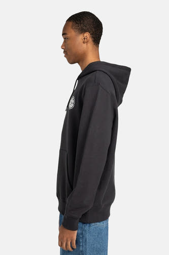Pull-over noir avec capuche d'ELEMENT, logo sur la poitrine et sac à dos de kangourou, en vue latérale, associé à un jean.