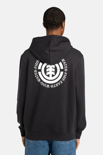 Zwarte sweater met kap van ELEMENT, met een ronde witte print op de rug.