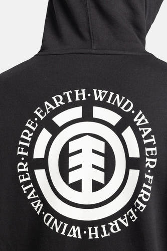 Gilet noir avec capuche d'ELEMENT, avec le logo Element blanc sur le dos.