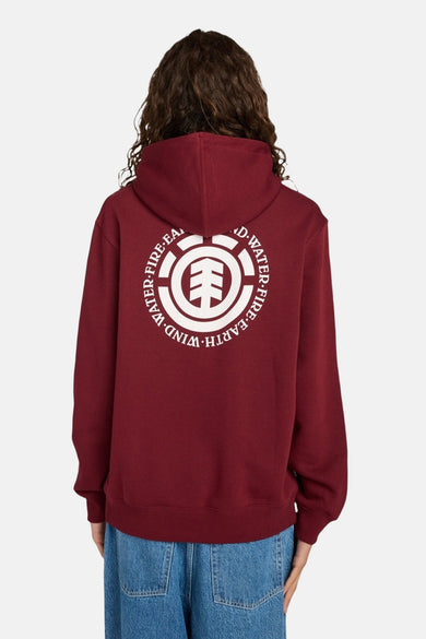Gilet de Bordeaux avec capuche d'ELEMENT avec un grand logo sur le dos et jeans bleus.