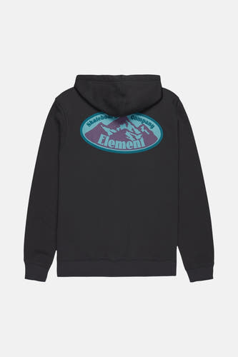 Gilet noir avec capuche d'ELEMENT, imprimé ovale de montagnes et le texte "Skateboard Company" sur le dos.