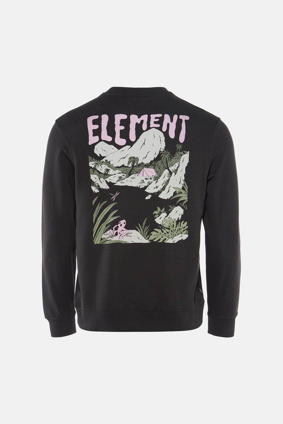 Sweat-shirt noir à col rond de ELEMENT, avec un imprimé graphique d'un paysage dans le dos.