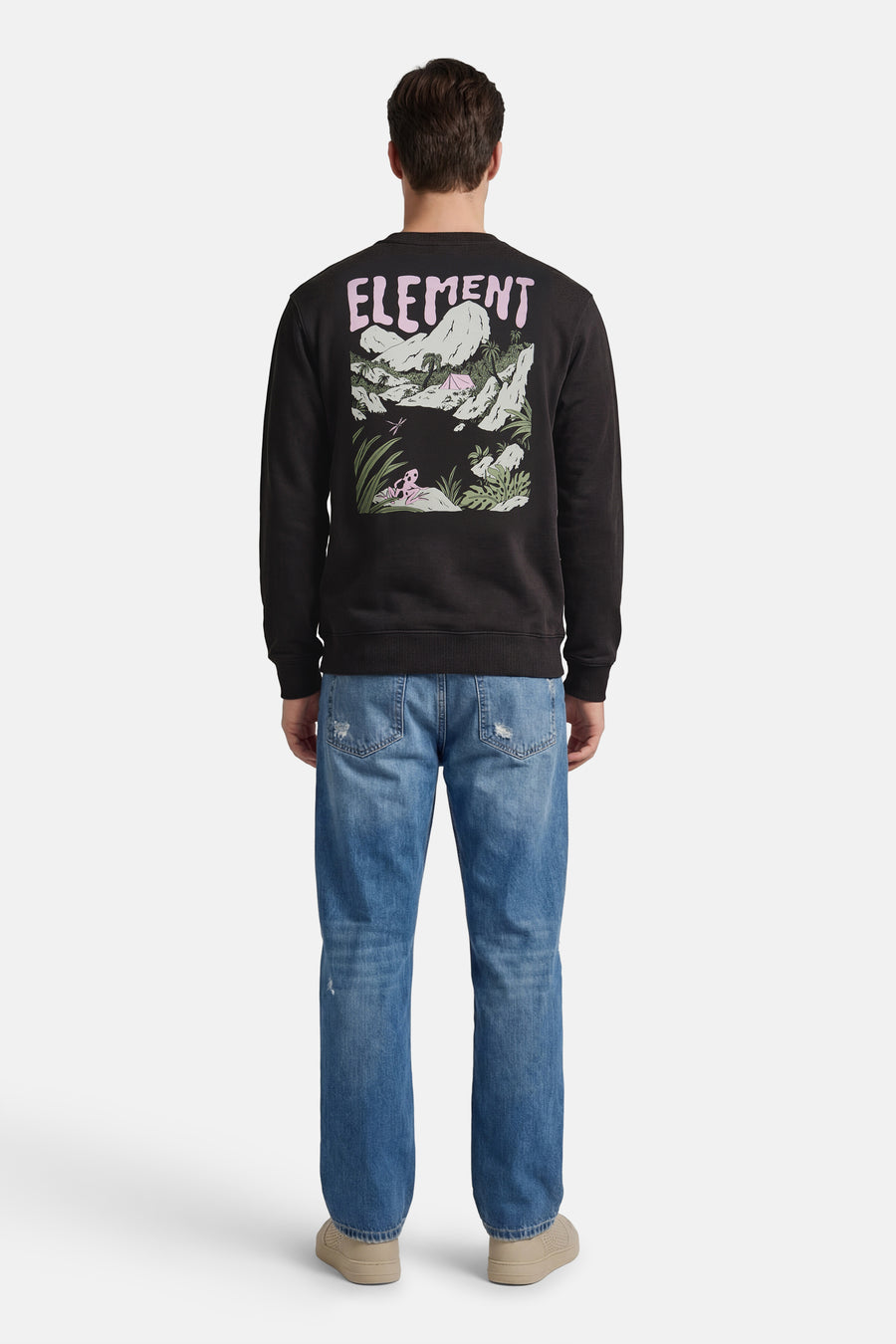 Sweatshirt noir de ELEMENT, avec un imprimé paysage de montagne au dos.