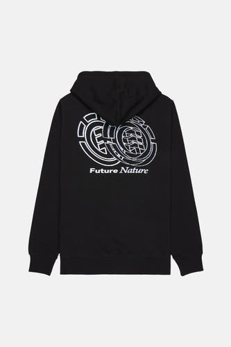 Gilet de pull-over noir d'ELEMENT avec capuchon et imprimé "Future Nature" blanc sur le dos.