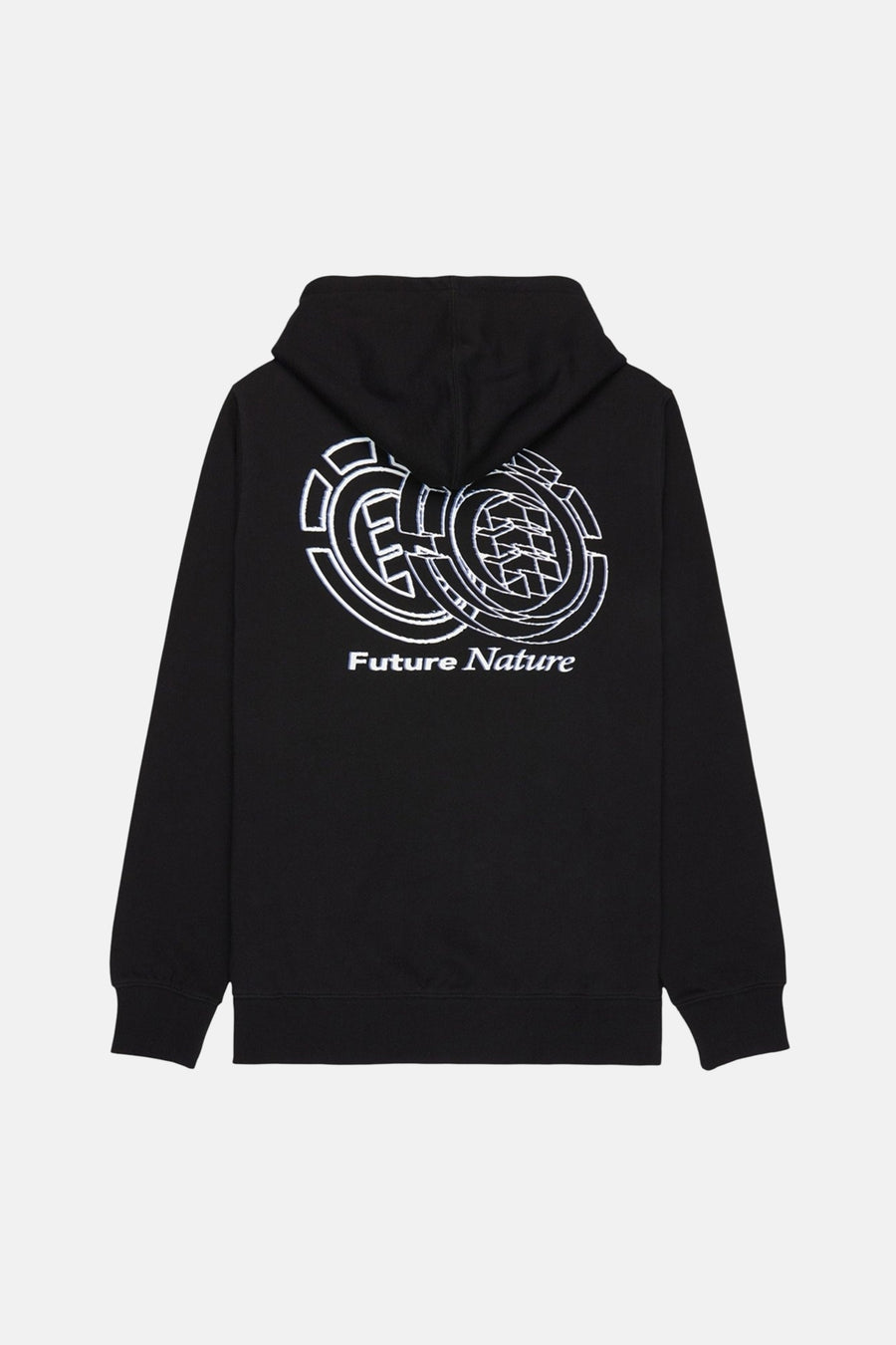 Gilet de pull-over noir d'ELEMENT avec capuchon et imprimé "Future Nature" blanc sur le dos.