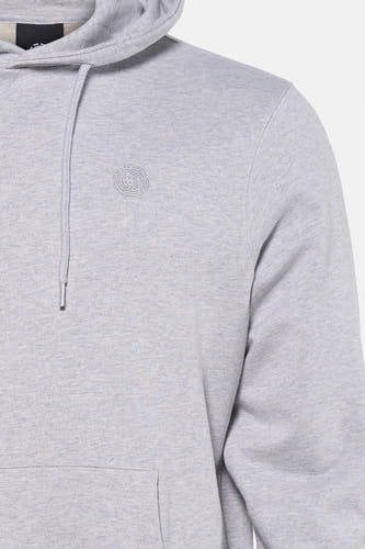 Sweat à capuche gris ELEMENT avec logo brodé, cordon de serrage et poche kangourou, gros plan.