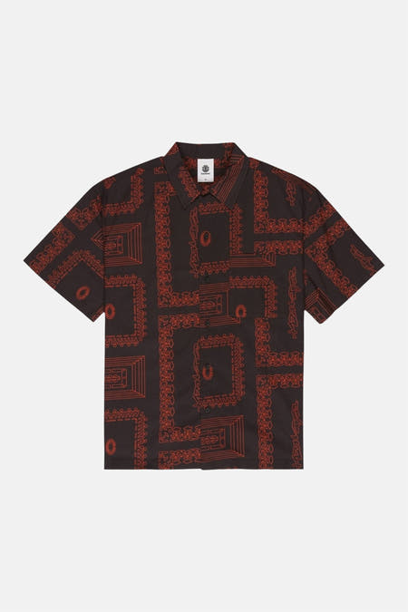 Chemise noire à manches courtes d'ELEMENT avec motifs géométriques orange et fermeture à boutons.