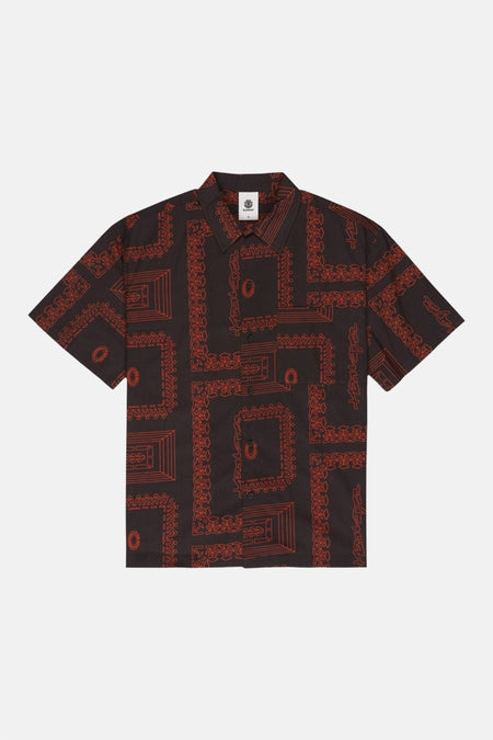 Chemise noire à manches courtes d'ELEMENT avec motifs géométriques orange et fermeture à boutons.