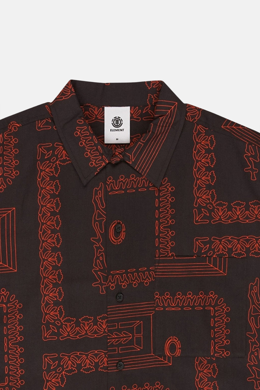 Zwart, kort mouw overhemd van ELEMENT met oranje geometrische patronen en knoopsluiting.
