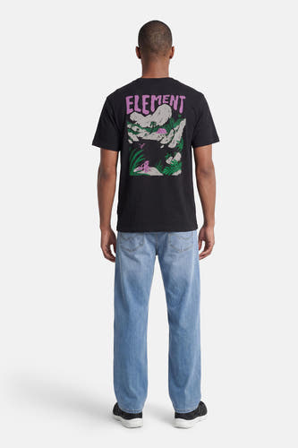 T-shirt noir d'ELEMENT avec imprimé violet d'un paysage et le logo de la marque au dos.