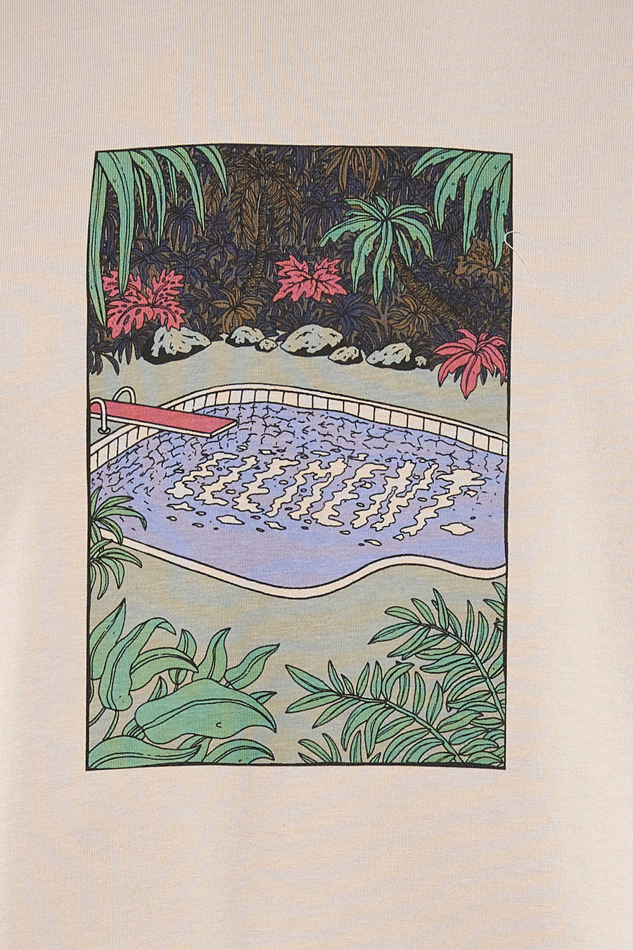 T-shirt beige à manches courtes de ELEMENT, avec un imprimé rectangulaire d'une piscine dans un jardin tropical.