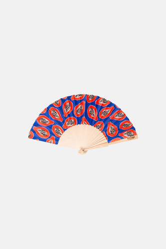 Multicolor waaier met papaja print van EAT MY SOCKS, blauw met oranje en zwarte details, houten stokken, front view