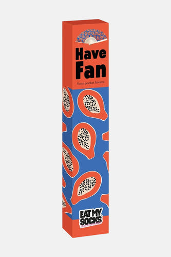 Multicolor waaier van EAT MY SOCKS in oranje en blauwe verpakking met papaja print en tekst "Have Fan"