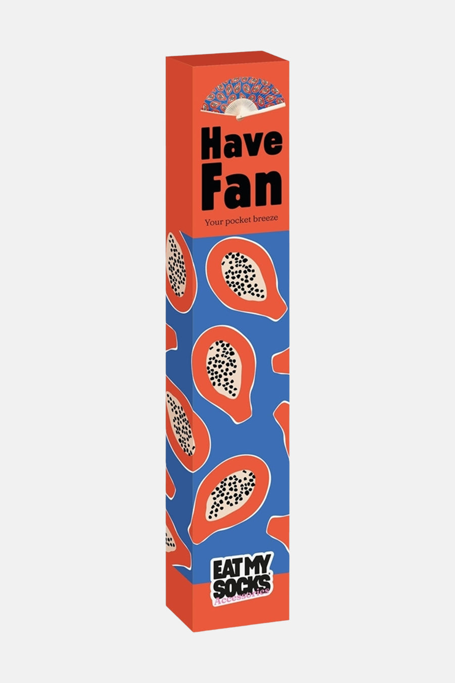 Multicolor waaier van EAT MY SOCKS in oranje en blauwe verpakking met papaja print en tekst "Have Fan"