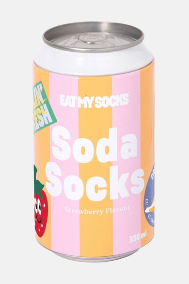 Chaussettes multicolores d'EAT MY SOCKS, avec une ligne verticale et une image d'une fraise.