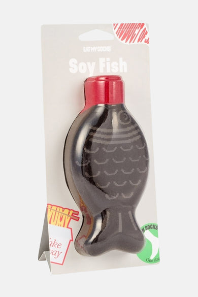Chaussettes multicolores d'EAT MY SOCKS, emballées sous la forme d'une gourde en soja avec un motif de poisson.