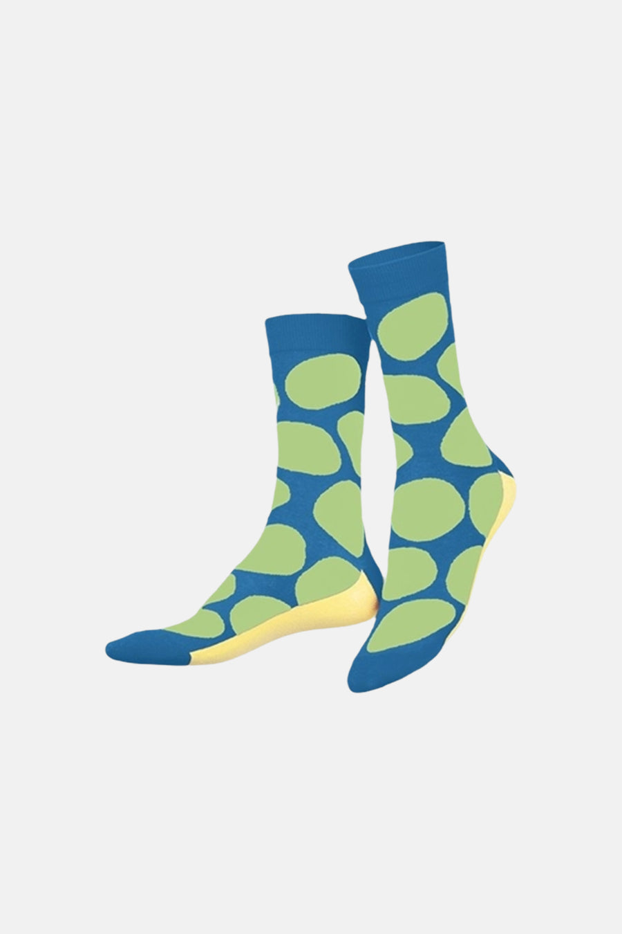 Blauwe sokken met groene stippen en gele zool, van EAT MY SOCKS, op witte achtergrond, front view