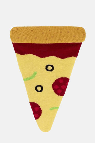 Chaussettes multicolores d'EAT MY SOCKS, avec un design de pizza incluant du pepperoni, des olives et du poivron vert.