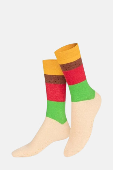 Chaussettes multicolores d'EAT MY SOCKS, avec motif de hamburger du haut en bas.