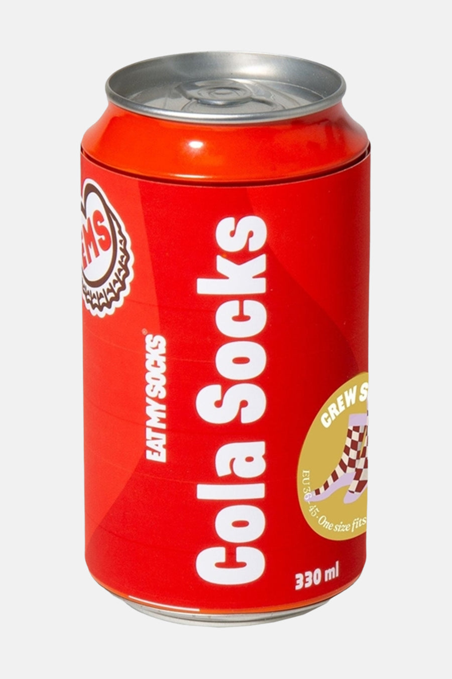Rode sokken in cola-blik van EAT MY SOCKS, met witte lettering en schaakbordpatroon op label, front view