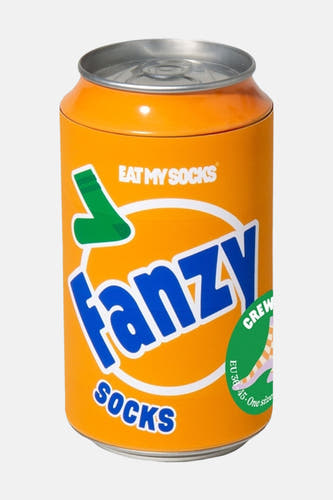 Oranje sokken in blik van EAT MY SOCKS, met blauwe 'Fancy Socks' tekst en groene sok-icoon, front view