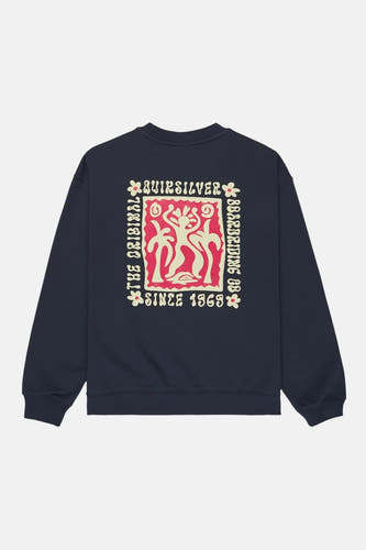 Pull bleu à col rond de Quiksilver, avec un imprimé rose dans le dos représentant des palmiers et du texte.