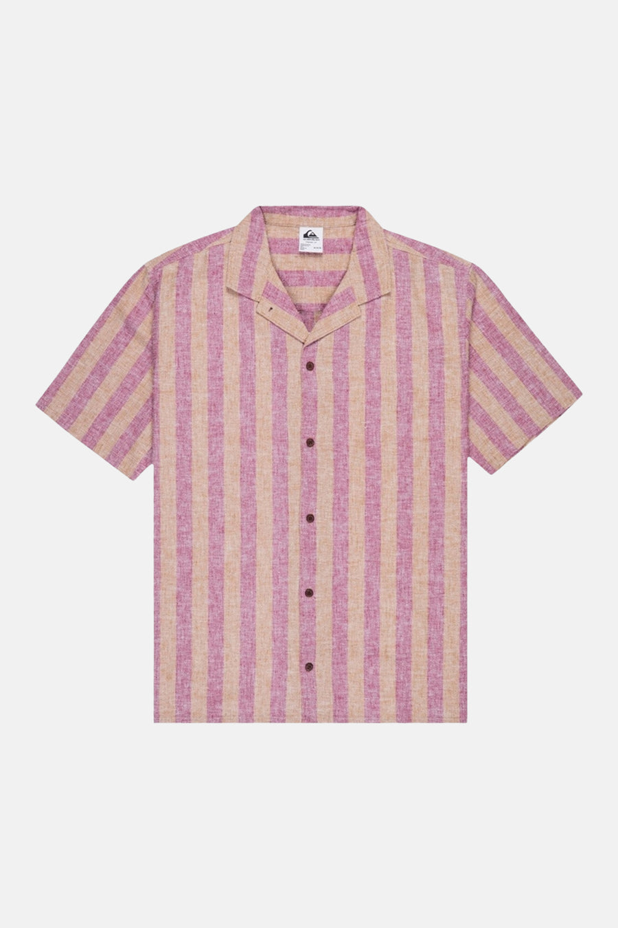 Chemise rose à rayures à manches courtes de Quiksilver, avec un col et une fermeture boutonnée.
