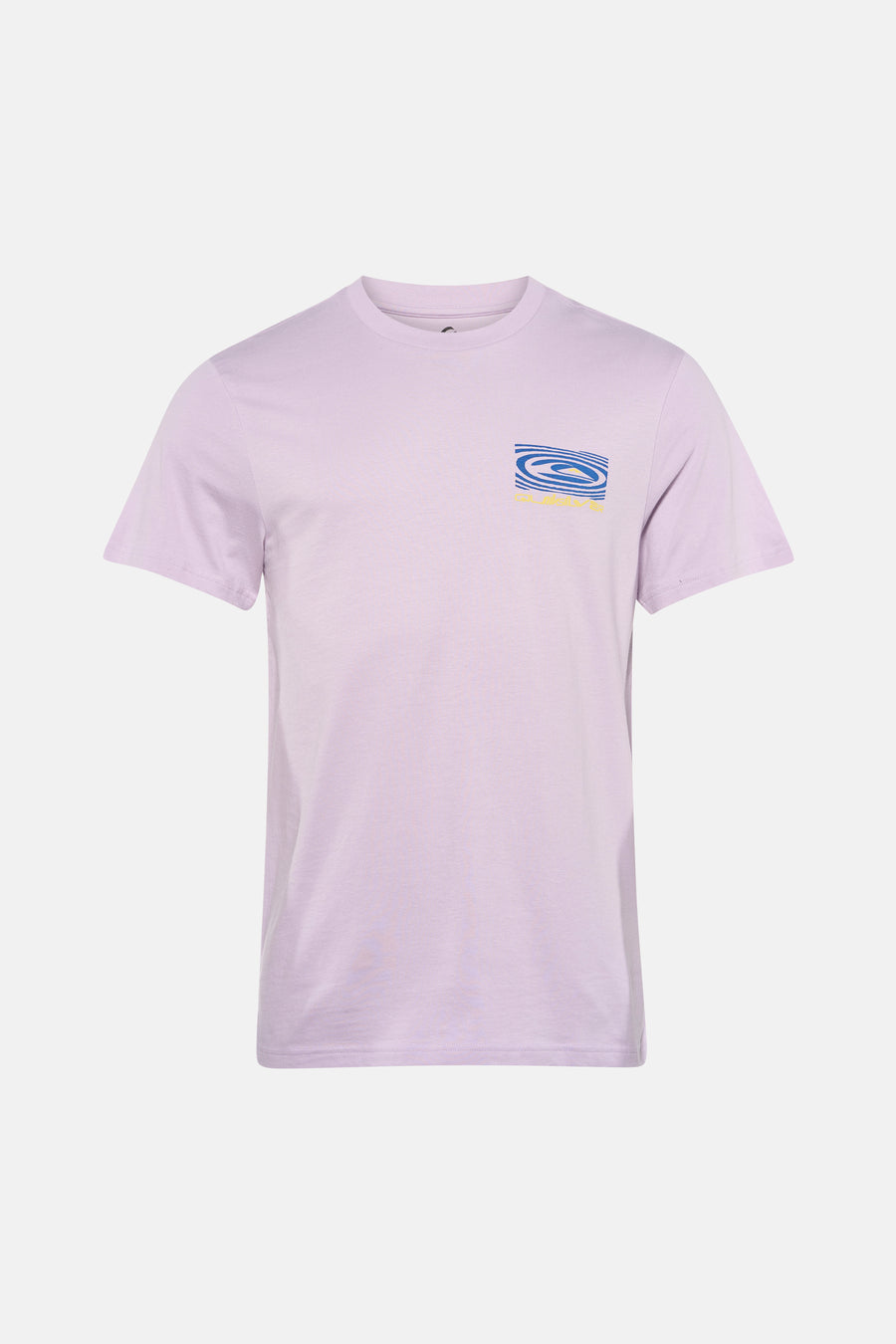 T-shirt à manches courtes violet de Quiksilver, avec un imprimé rectangulaire dans le dos, porté avec un jean.