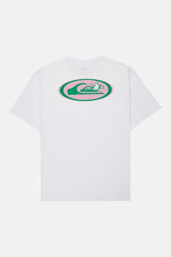 T-shirt blanc à manches courtes Quiksilver, avec un logo vert et rose sur la poitrine.