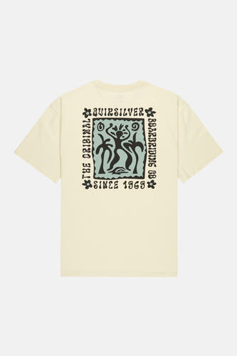 T-shirt à manches courtes écru de Quiksilver, avec un imprimé bleu-vert au dos et des lettres et fleurs noires.