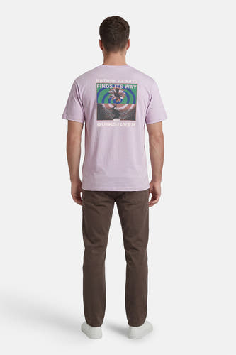 T-shirt Quiksilver à manches courtes de couleur violette, vu de dos, avec imprimé coloré 'NATURE ALWAYS FINDS ITS WAY QUIKSILVER'.