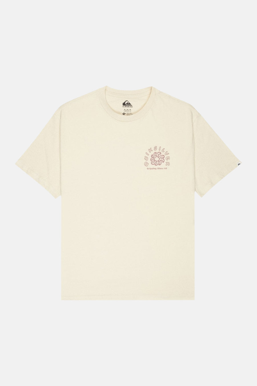 T-shirt écru Quiksilver avec un imprimé floral circulaire sur la poitrine et un petit logo sur la manche.