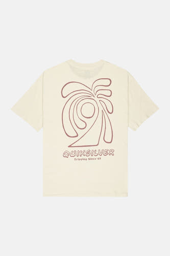 T-shirt à manches courtes de couleur écru de Quiksilver, avec un imprimé abstrait de palmier marron dans le dos.